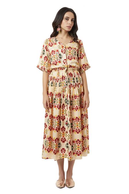 Ankita_Beige Slub Satin V Neck Floral Print Midi Dress _Online_at_Aza_Fashions