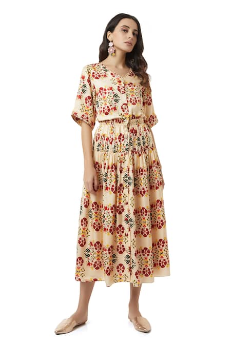 Buy_Ankita_Beige Slub Satin V Neck Floral Print Midi Dress _Online_at_Aza_Fashions