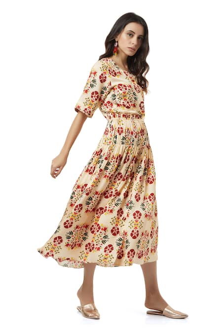Shop_Ankita_Beige Slub Satin V Neck Floral Print Midi Dress _Online_at_Aza_Fashions