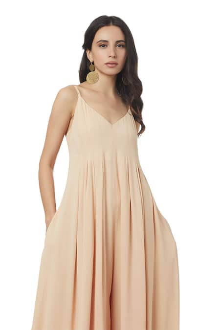 Buy_Ankita_Beige Double Georgette V Neck Gigi Panelled Jumpsuit _Online_at_Aza_Fashions