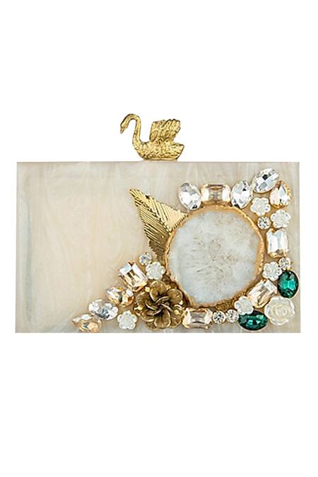 A Clutch Story White Embellished Bird Resin Box Clutch Online at Aza Fashions A Clutch Story_White Embellished Bird Resin Box Clutch _Online_at_Aza_Fashions