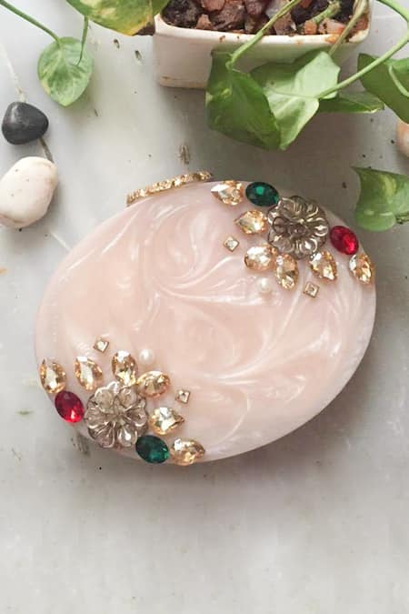 A Clutch Story White Embellished Floral Resin Oval Clutch 