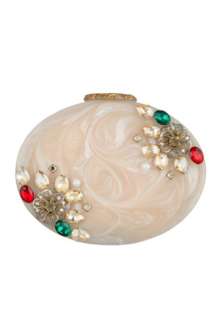 A Clutch Story White Embellished Floral Resin Oval Clutch Online at Aza Fashions A Clutch Story_White Embellished Floral Resin Oval Clutch _Online_at_Aza_Fashions