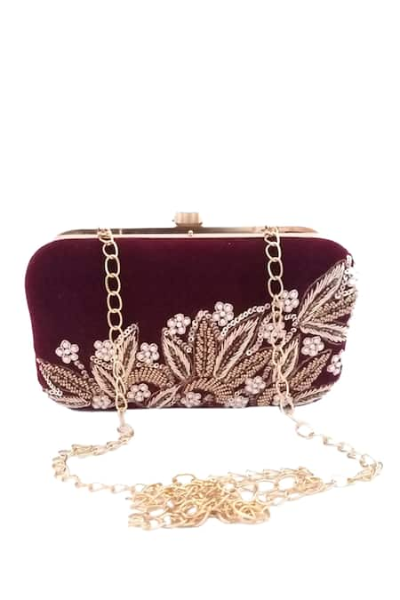 A Clutch Story Maroon Embellished Velvet Box Clutch With Sling 