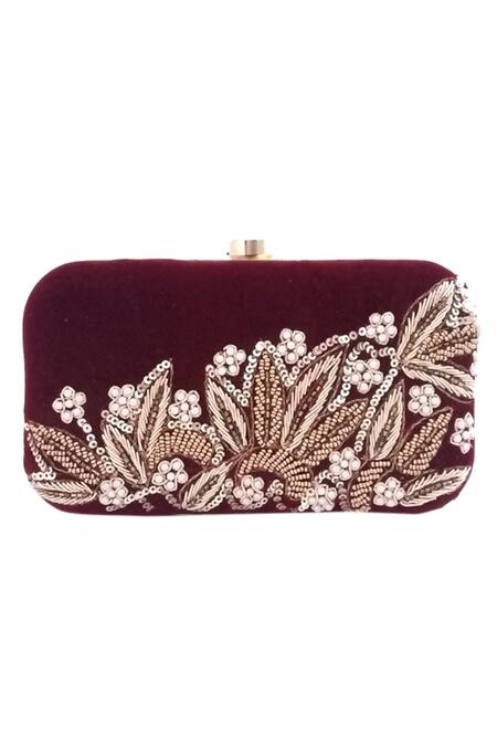 A Clutch Story Maroon Embellished Velvet Box Clutch With Sling Online at Aza Fashions A Clutch Story_Maroon Embellished Velvet Box Clutch With Sling _Online_at_Aza_Fashions