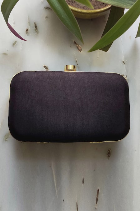 Shop A Clutch Story Black Embroidery Silk Box Clutch With Sling at Aza Fashions Shop_A Clutch Story_Black Embroidery Silk Box Clutch With Sling _at_Aza_Fashions