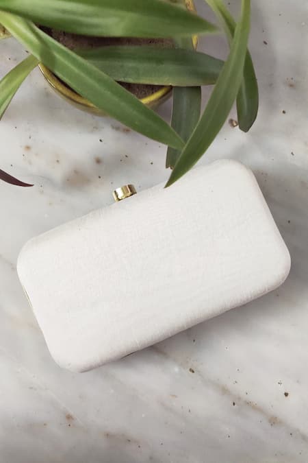 Shop A Clutch Story Silver Embroidery Silk Box Clutch With Sling at Aza Fashions Shop_A Clutch Story_Silver Embroidery Silk Box Clutch With Sling _at_Aza_Fashions