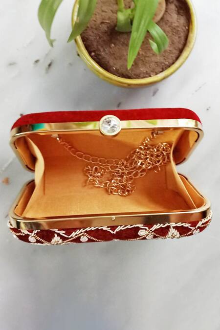 A Clutch Story_Maroon Embroidery Velvet Box Clutch With Sling_Online_at_Aza_Fashions