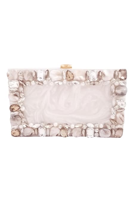 A Clutch Story White Embellished Resin Clutch With Sling 