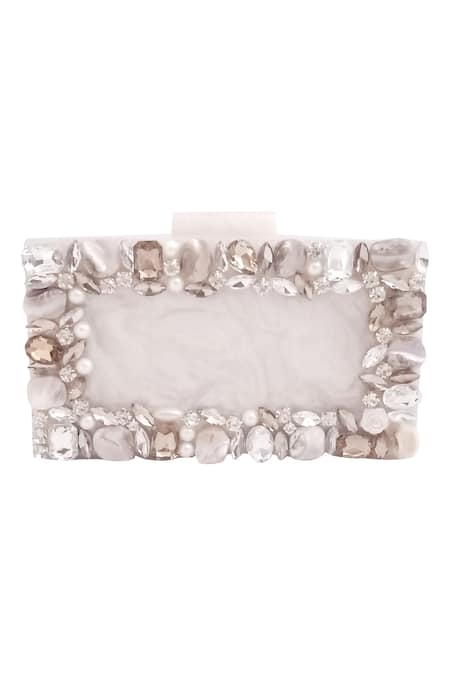 A Clutch Story White Embellished Resin Clutch With Sling 