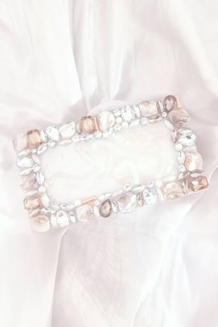 A Clutch Story White Embellished Engraved Resin Clutch 