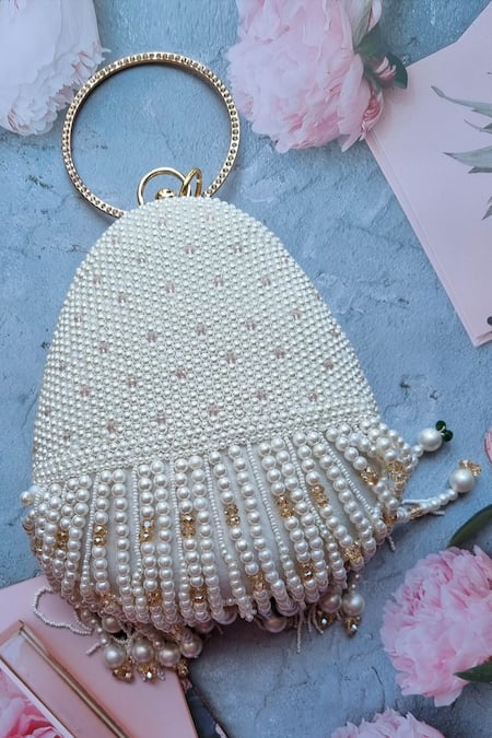 A Clutch Story White Embroidered Pearl Tassel Clutch 