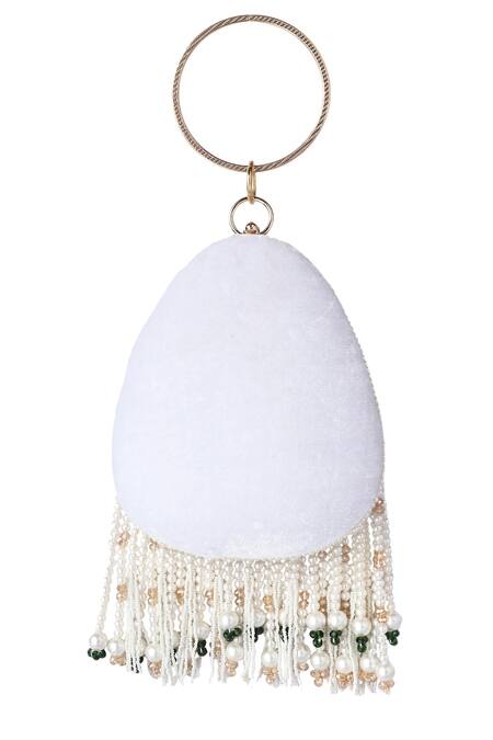 A Clutch Story_White Pearls, Embroidery Tassel Clutch_Online_at_Aza_Fashions