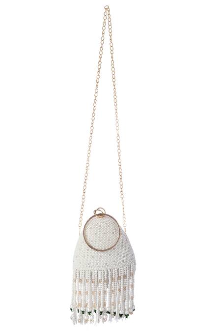 Buy_A Clutch Story_White Pearls, Embroidery Tassel Clutch_Online_at_Aza_Fashions