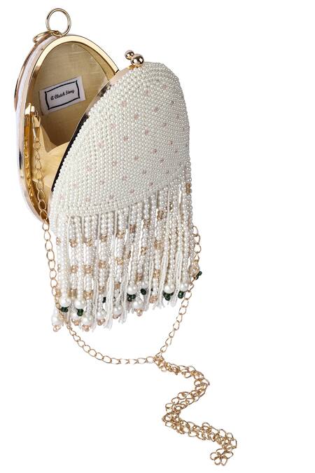 Shop_A Clutch Story_White Pearls, Embroidery Tassel Clutch_Online_at_Aza_Fashions