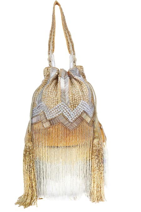 Shop_A Clutch Story_Gold Embroidered Tassel Hand Potli _at_Aza_Fashions