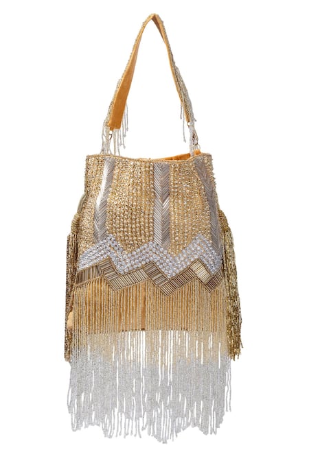 A Clutch Story_Gold Embroidered Tassel Hand Potli _Online_at_Aza_Fashions
