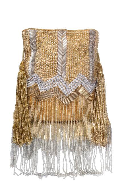 Buy_A Clutch Story_Gold Embroidered Tassel Hand Potli _Online_at_Aza_Fashions