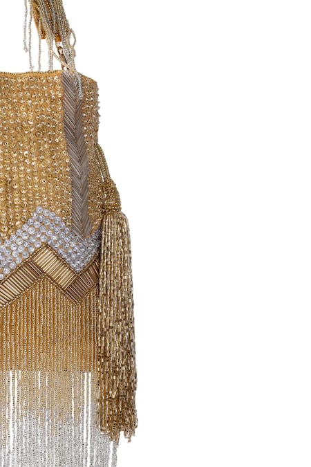 Shop_A Clutch Story_Gold Embroidered Tassel Hand Potli _Online_at_Aza_Fashions