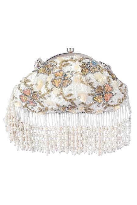 A Clutch Story White Embroidery Belle Fluer Tassel Clutch Online at Aza Fashions A Clutch Story_White Embroidery Belle Fluer Tassel Clutch _Online_at_Aza_Fashions