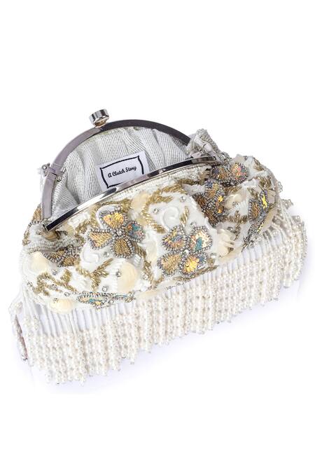Shop A Clutch Story White Embroidery Belle Fluer Tassel Clutch Online at Aza Fashions Shop_A Clutch Story_White Embroidery Belle Fluer Tassel Clutch _Online_at_Aza_Fashions