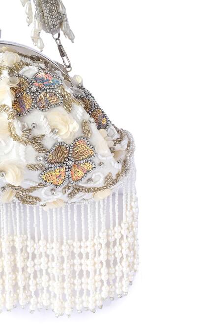 A Clutch Story White Embroidery Belle Fluer Tassel Clutch at Aza Fashions A Clutch Story_White Embroidery Belle Fluer Tassel Clutch _at_Aza_Fashions