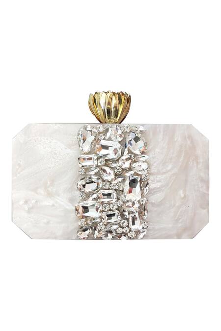 A Clutch Story_White Rhinestones Resin Box Clutch With Sling _Online_at_Aza_Fashions