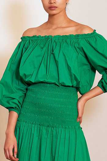 Ankita_Green Cotton Off Shoulder Top And Skirt Set_Online_at_Aza_Fashions