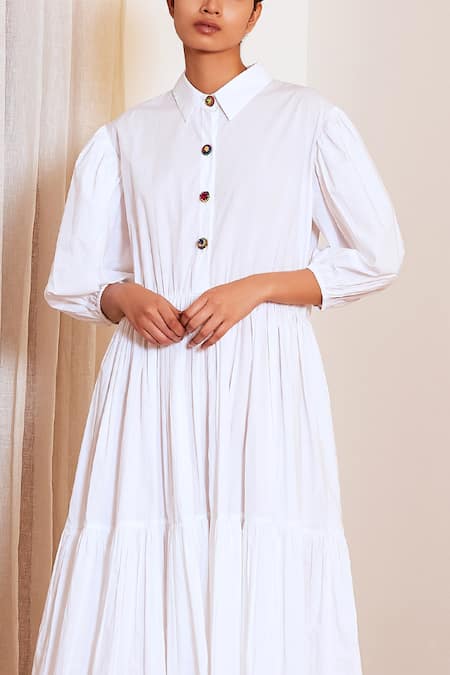 Buy_Ankita_White Cotton Shirt Collar Midi Dress _Online_at_Aza_Fashions