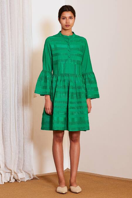 Ankita_Green Cotton Mandarin Collar Stripe Applique Dress _Online_at_Aza_Fashions