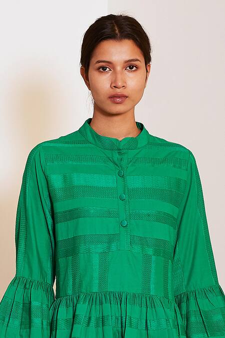Buy_Ankita_Green Cotton Mandarin Collar Stripe Applique Dress _Online_at_Aza_Fashions