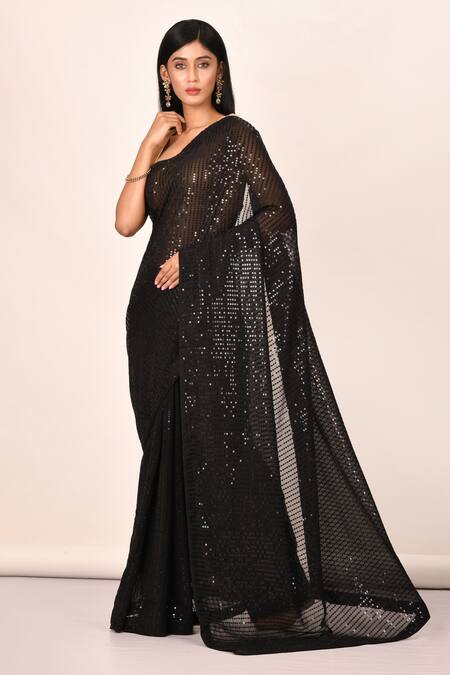 Samyukta Singhania Black Georgette, Bamboo, Silk Sequins Embroidered Saree Online at Aza Fashions Samyukta Singhania_Black Georgette, Bamboo, Silk Sequins Embroidered Saree_Online_at_Aza_Fashions