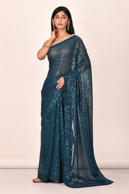 Khwaab by Sanjana Lakhani Teal Blue Sequin Embroidered Saree 