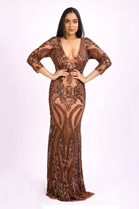 Buy Ambrosia Brown V Neck Embroidered Fish Cut Gown Online at Aza Fashions Buy_Ambrosia_Brown V Neck Embroidered Fish Cut Gown_Online_at_Aza_Fashions