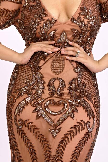 Ambrosia Brown V Neck Embroidered Fish Cut Gown at Aza Fashions Ambrosia_Brown V Neck Embroidered Fish Cut Gown_at_Aza_Fashions