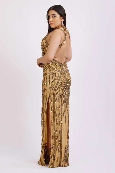 Shop Ambrosia Beige Round Sequin Embroidered Gown at Aza Fashions Shop_Ambrosia_Beige Round Sequin Embroidered Gown _at_Aza_Fashions