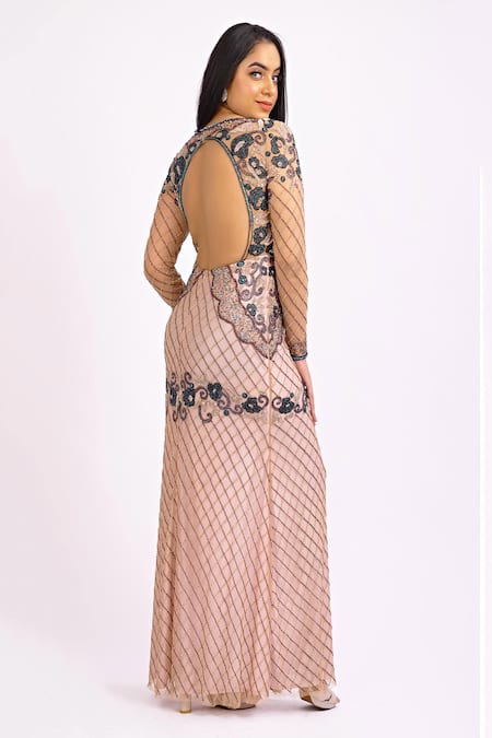 Shop Ambrosia Pink V Neck Sequin Embroidered Gown at Aza Fashions Shop_Ambrosia_Pink V Neck Sequin Embroidered Gown _at_Aza_Fashions