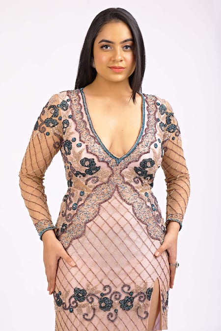 Shop Ambrosia Pink V Neck Sequin Embroidered Gown Online at Aza Fashions Shop_Ambrosia_Pink V Neck Sequin Embroidered Gown _Online_at_Aza_Fashions