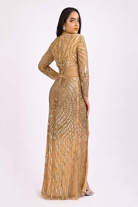 Ambrosia_Gold V Neck Sequin Embroidered Gown_Online_at_Aza_Fashions
