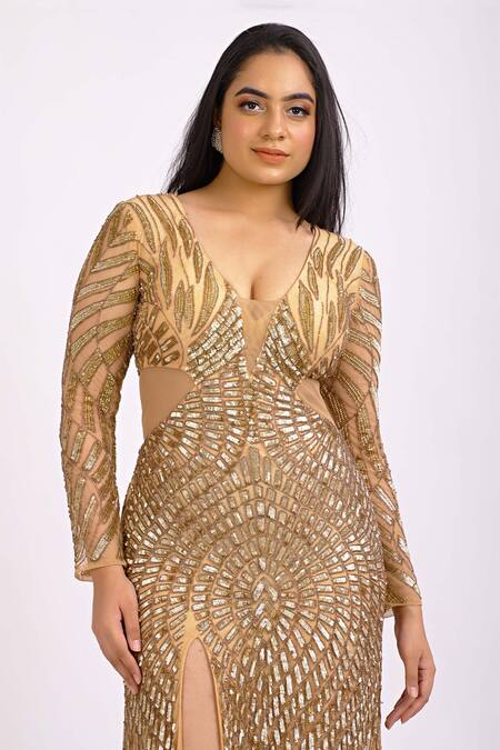 Shop_Ambrosia_Gold V Neck Sequin Embroidered Gown_Online_at_Aza_Fashions
