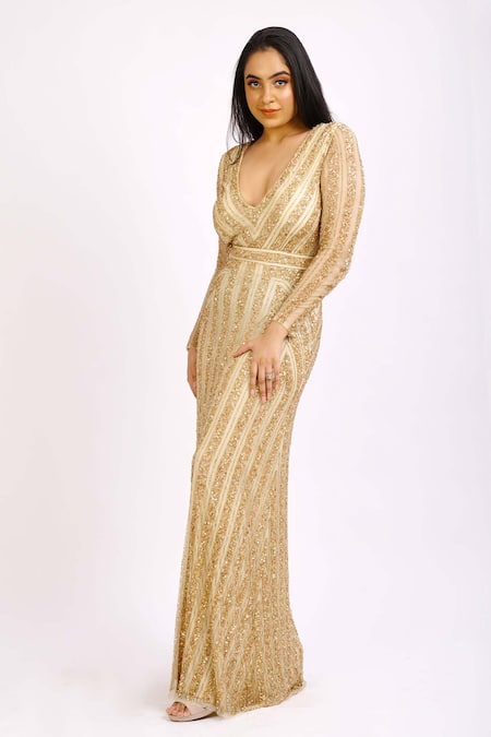 Ambrosia_Gold V Neck Sequin Embroidered Gown_Online_at_Aza_Fashions