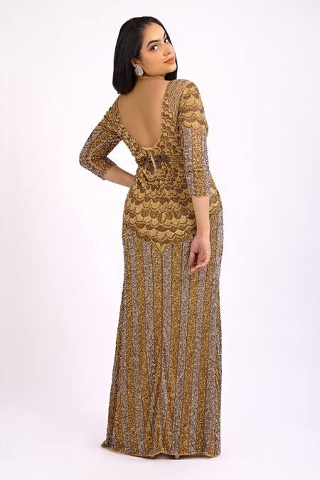 Shop_Ambrosia_Gold V Neck Embroidered Gown_Online_at_Aza_Fashions