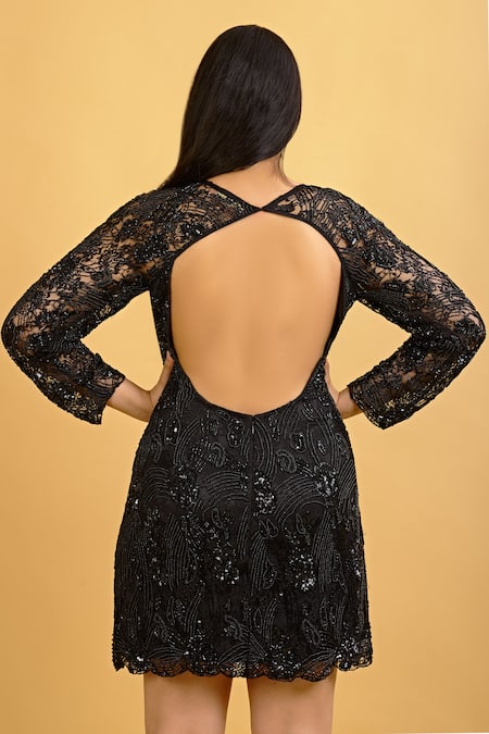 Shop Ambrosia Black Round Embroidered Dress at Aza Fashions Shop_Ambrosia_Black Round Embroidered Dress_at_Aza_Fashions