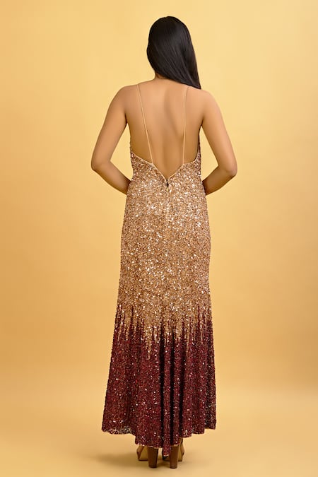 Buy_Ambrosia_Gold Halter Neck Emrboidered Gown_Online_at_Aza_Fashions