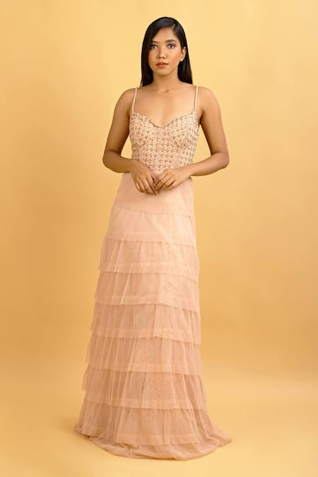 Ambrosia Peach Sweetheart Neck Emrboidered Gown