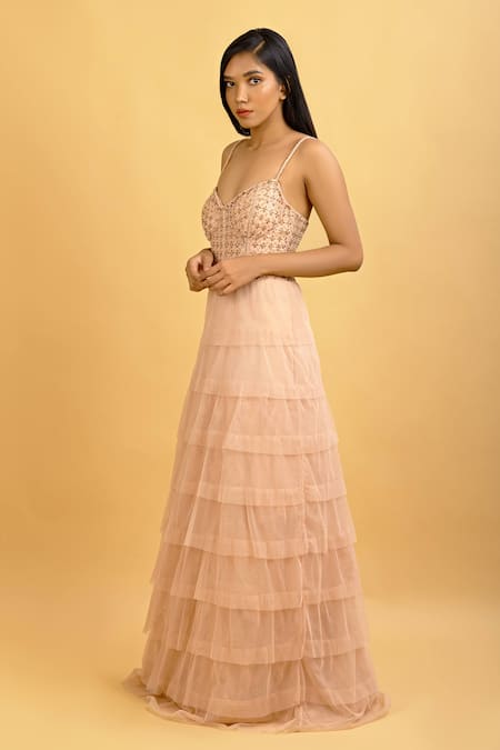 Ambrosia_Peach Sweetheart Neck Emrboidered Gown_Online_at_Aza_Fashions