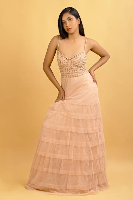 Buy_Ambrosia_Peach Sweetheart Neck Emrboidered Gown_Online_at_Aza_Fashions