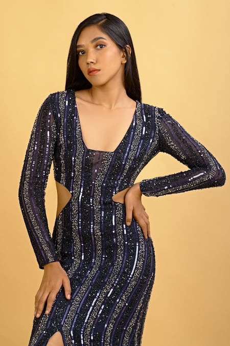 Shop_Ambrosia_Blue V Neck Emrboidered Gown_Online_at_Aza_Fashions