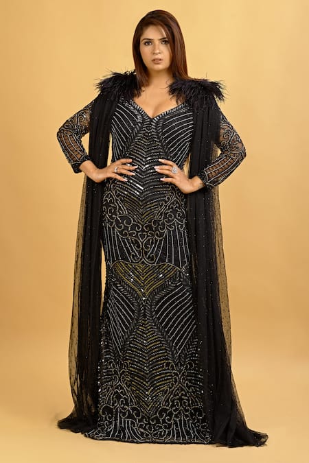 Black Georgette Embroidery Party Maxi Cape Dress at Best Price in Surat |  Mayloz E Commerce