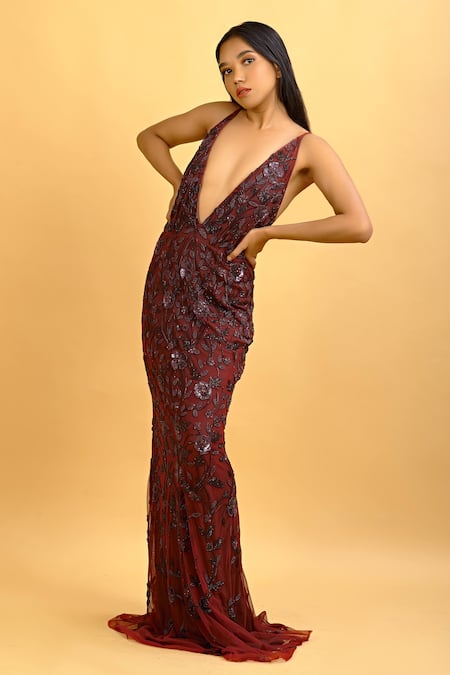 Shop_Ambrosia_Maroon Halter Neck Embroidered Gown_Online_at_Aza_Fashions